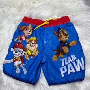 Paw Patrol Blue Swim Shorts with Red Waistband and Yellow Drawstring